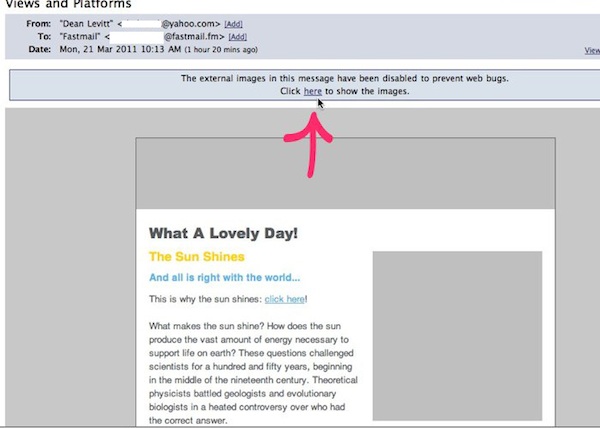 Fastmail muestra una opción en la parte superior del correo electrónico de “haz clic aquí para mostrar las imágenes”