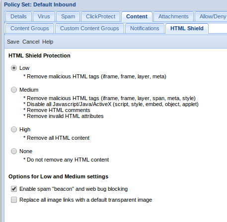 McAfee MXLogic HTML Shield Protection settings